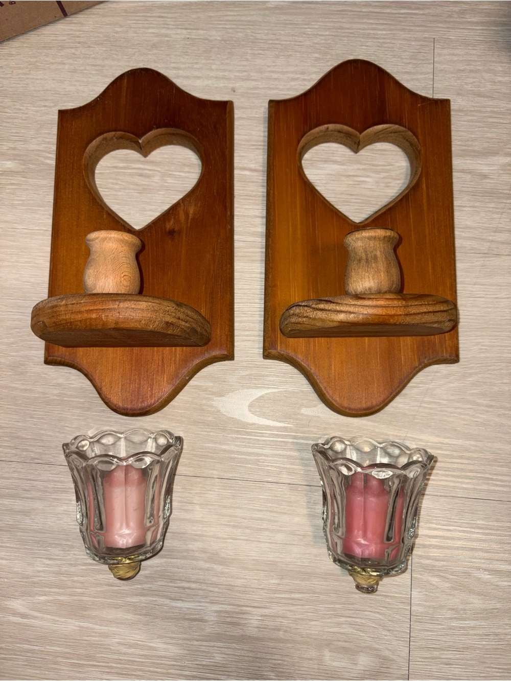 Wooden Heart Wall Sconces with Pink Glass Candle Cups - Set of 2